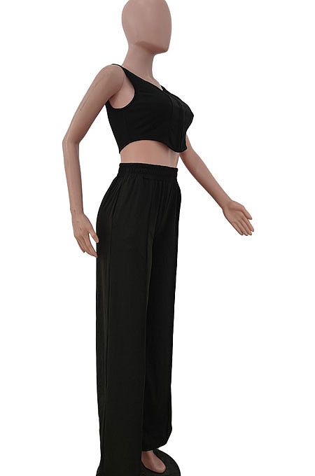 Pure Color Stealth Buckle Sleeveless Vest Loose Pants Sets JP1030