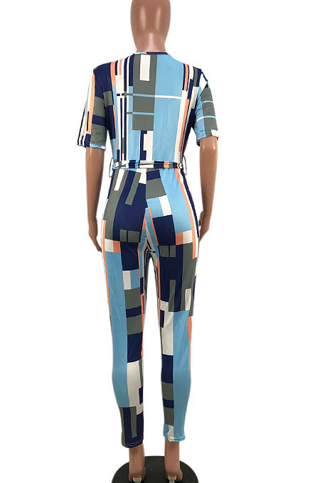Sexy Stripe Printing Deep V Waistband Bodycon Jumpsuits HT6008