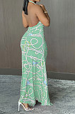 Halter Neck Ruffle Open Fork Printing Mid Waist Long Dress JP1038