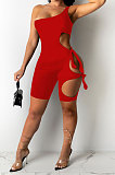 Pure Color Hole Hole One Shoulder Binding Romper Shorts AD0401