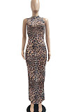 Sexy Perspective Leopard Colorful Printing Sanbeach Net Yarn Long Dress JP1035