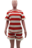 Euramerican Stripe Print Loose Agaric Edge Short Sleeve T Shirts  Sets HHM6519
