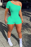 Rib One Shoulder Pure Color Romper Shorts NK241