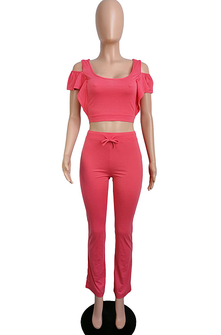 Cotton Pure Color Casual Off Shoulder Flounce Sets LML230