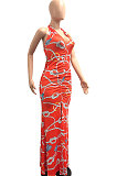 Halter Neck Ruffle Open Fork Printing Mid Waist Long Dress JP1038