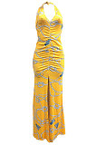 Halter Neck Ruffle Open Fork Printing Mid Waist Long Dress JP1038