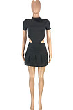 Trendy Casual Sexy Pure Color Invisible Zipper Cultivate One's Morality Jumpsuits Ruffle Skirts Sets SM9176
