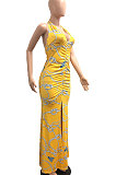 Halter Neck Ruffle Open Fork Printing Mid Waist Long Dress JP1038