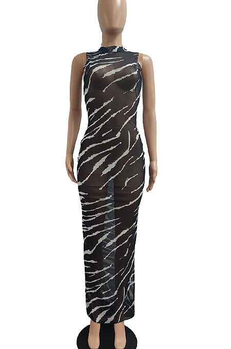Sexy Perspective Leopard Colorful Printing Sanbeach Net Yarn Long Dress JP1035