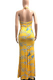 Halter Neck Ruffle Open Fork Printing Mid Waist Long Dress JP1038