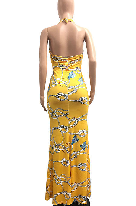 Halter Neck Ruffle Open Fork Printing Mid Waist Long Dress JP1038