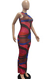 Sexy Perspective Leopard Colorful Printing Sanbeach Net Yarn Long Dress JP1035