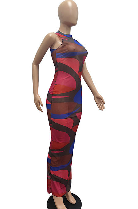 Sexy Perspective Leopard Colorful Printing Sanbeach Net Yarn Long Dress JP1035