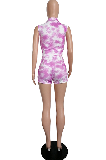 Casual Tie Dye Print Sports Sleeveless Zipper Two-Piece LML233
