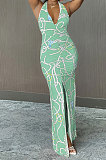 Halter Neck Ruffle Open Fork Printing Mid Waist Long Dress JP1038