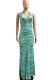 Halter Neck Ruffle Open Fork Printing Mid Waist Long Dress JP1038