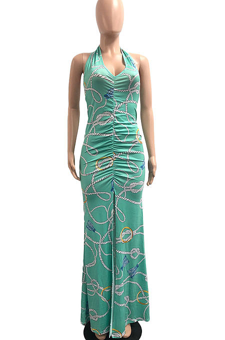 Halter Neck Ruffle Open Fork Printing Mid Waist Long Dress JP1038