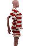 Euramerican Stripe Print Loose Agaric Edge Short Sleeve T Shirts  Sets HHM6519