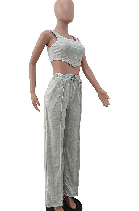 Pure Color Stealth Buckle Sleeveless Vest Loose Pants Sets JP1030