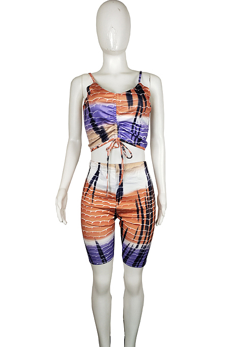 Fashion Sling Drawsting Bind Print Shorts Casual Two-Piece L0349