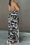 Halter Neck Ruffle Open Fork Printing Mid Waist Long Dress JP1038