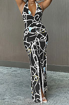 Halter Neck Ruffle Open Fork Printing Mid Waist Long Dress JP1038
