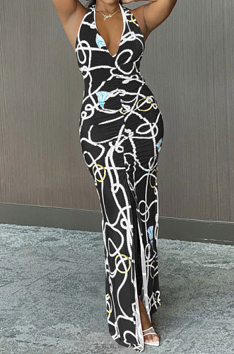 Halter Neck Ruffle Open Fork Printing Mid Waist Long Dress JP1038