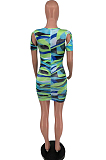 Fashion Tie Dye Print Cutivate One's Mouality Short Sleeve Package Buttocks Dress TD8022