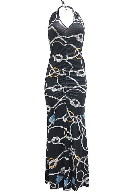 Halter Neck Ruffle Open Fork Printing Mid Waist Long Dress JP1038