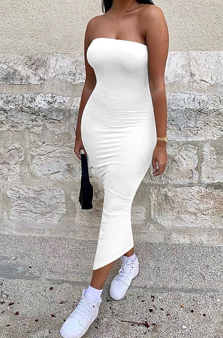 Pure Color Bandeau Bra Midi Dress NK243