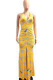 Halter Neck Ruffle Open Fork Printing Mid Waist Long Dress JP1038