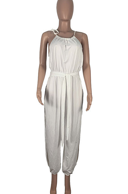 Pure Color Halter Neck Side Open Fork Hollow Out Casual Jumpsuit MOL161