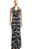 Halter Neck Ruffle Open Fork Printing Mid Waist Long Dress JP1038