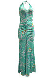 Halter Neck Ruffle Open Fork Printing Mid Waist Long Dress JP1038