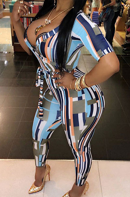 Sexy Stripe Printing Deep V Waistband Bodycon Jumpsuits HT6008