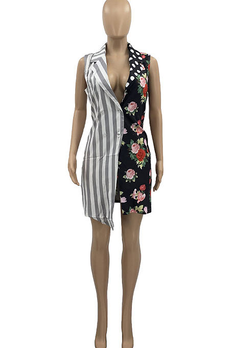 Spliced Wave Point Flowers Stripe Sleeveless Mini Dress AD0404