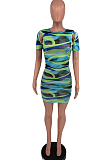 Fashion Tie Dye Print Cutivate One's Mouality Short Sleeve Package Buttocks Dress TD8022