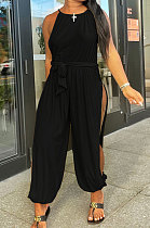 Pure Color Halter Neck Side Open Fork Hollow Out Casual Jumpsuit MOL161