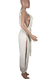 Pure Color Halter Neck Side Open Fork Hollow Out Casual Jumpsuit MOL161