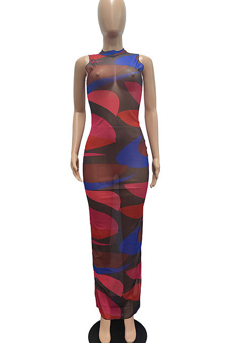 Sexy Perspective Leopard Colorful Printing Sanbeach Net Yarn Long Dress JP1035