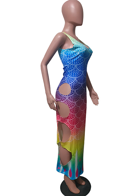 Euramerican Casual  Gradient Three Color V Neck Dress T213 