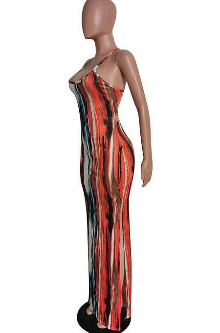 Sexy High Waist Condole Belt Printing Side Open Fork Long Dress HM5440