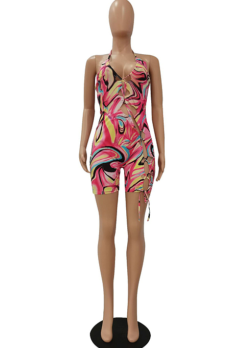 Sexy Hang A Neck Tie Dye Hollow Out Digital Print Jumpsuits CM2131