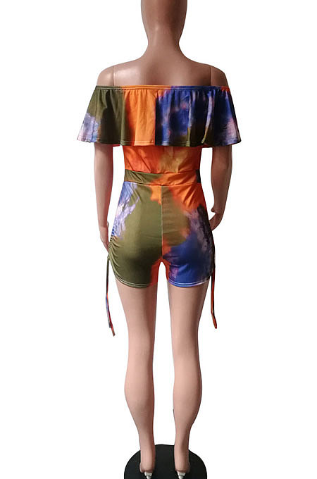 Women Sexy A Word Shoulder Bind Printing Romper Shorts HM5241