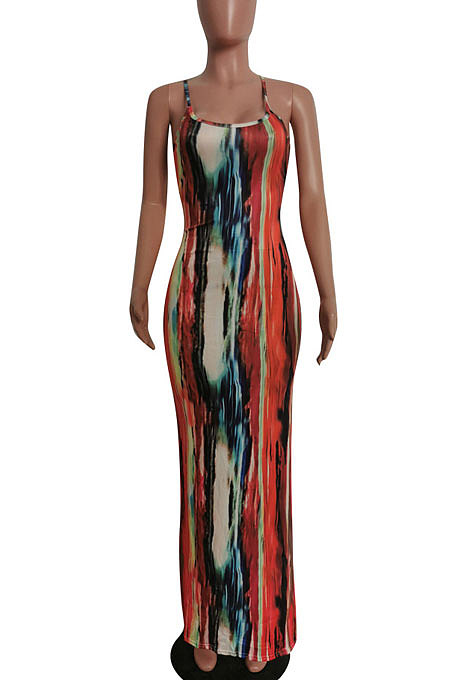 Sexy High Waist Condole Belt Printing Side Open Fork Long Dress HM5440