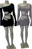Pure Color Women Inclined Shoulder Flare Sleeve Knotted Strap Skirts TWO-Piece QZ4339