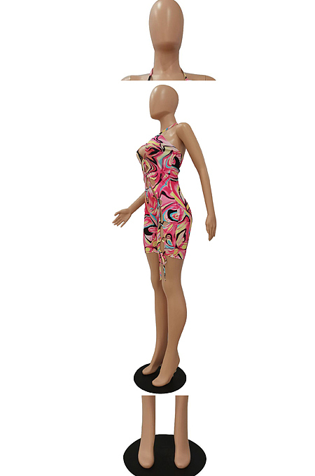 Sexy Hang A Neck Tie Dye Hollow Out Digital Print Jumpsuits CM2131
