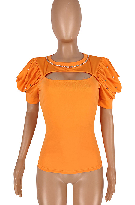 Summer Pearl Puff Sleeve High Elastic T Shirts YYZ856