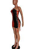 Sexy Fashion Eyelet Bind Spliced Boob Tube Top Mini Dress HM5451