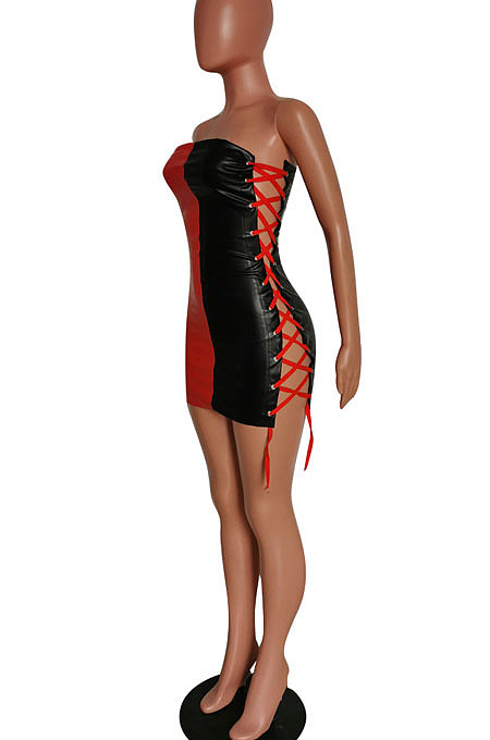 Sexy Fashion Eyelet Bind Spliced Boob Tube Top Mini Dress HM5451